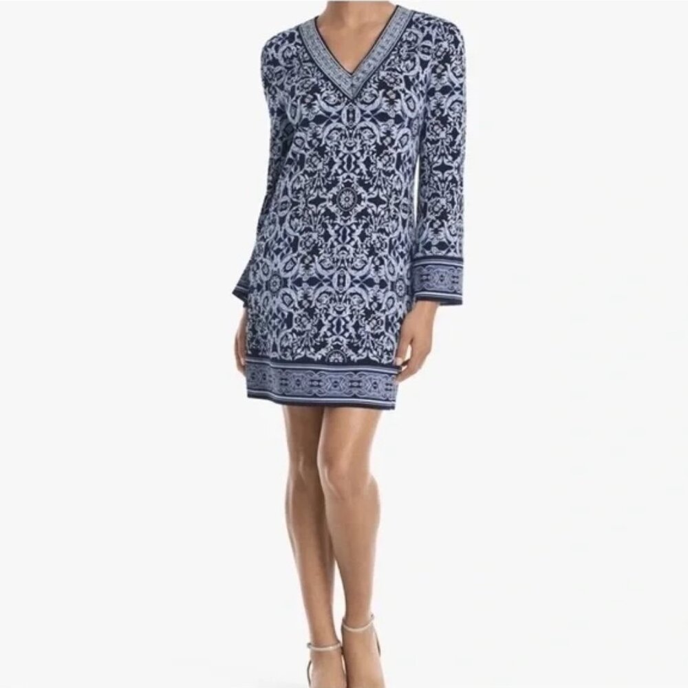 WHBM women L‎ dress blue long sleeve embroidered garden chemise career academia